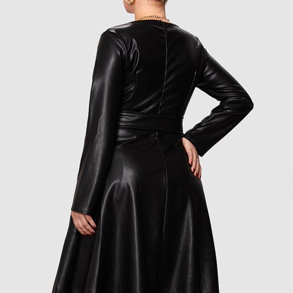 ❌SOLD❌ Leather-Look Belted Flare Dress - Picture 2 of 3